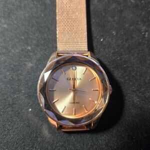 Geneva Diamond Wristwatch Rose Gold Stainless Steel Mesh Band